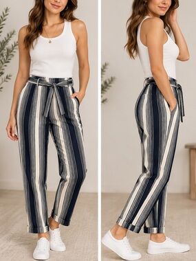 Hot Kiss Navy & White Striped Ankle Pants